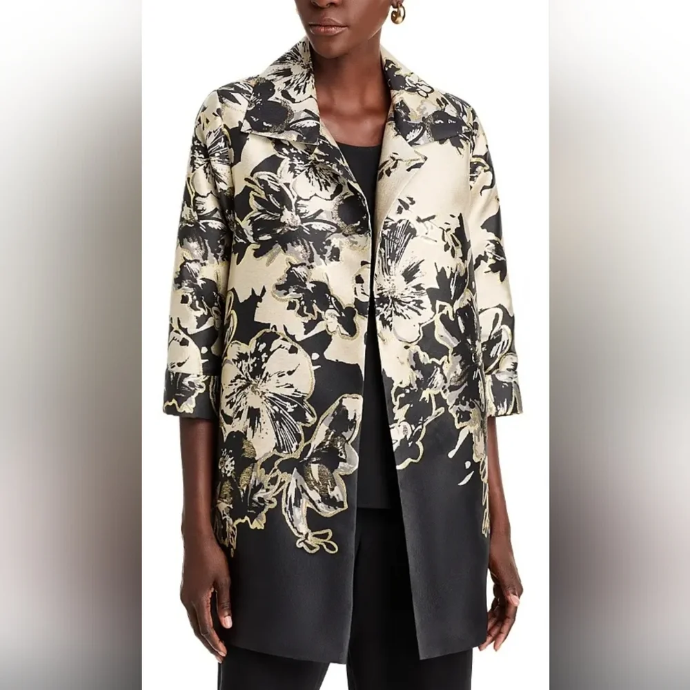 NWT Caroline Rose Showstopper Jacquard Party Open Front Jacket: Champagne/Black